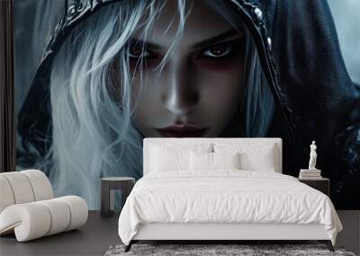 Medieval woman assassin medieval warrior white hair witch magic character mysterious wearing a black hood background wallpaper AI generated image Wall mural