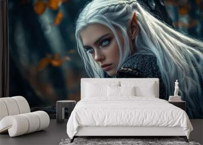 Medieval woman elf assassin medieval warrior white hair hero character background wallpaper AI generated image Wall mural