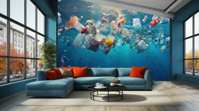 Plastic pollution in the environment ocean background wallpaper AI generated image Wall mural