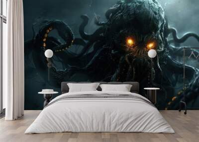 Scary monster octopus with flaming eyes, legendary kraken monster AI generated image Wall mural