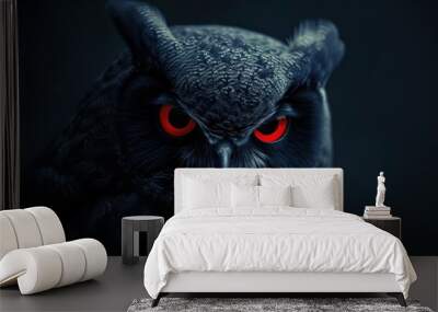 Sharp gaze of a black owl bird with spooky red eyes AI generated image Wall mural