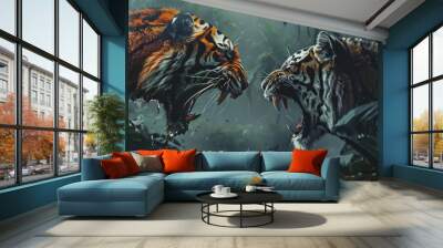 Tiger vs angry tiger with dramatic jungle background wallpaper AI generated image Wall mural