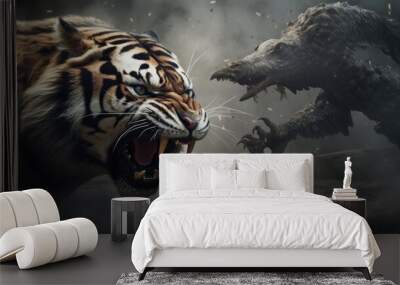 tiger vs monster background wallpaper ai generated Wall mural