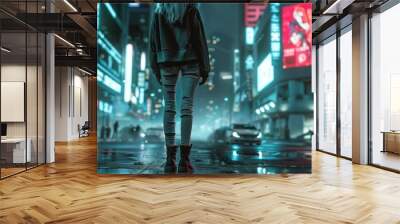 White haired woman wearing hoodie with black boots ripped jeans street in cyber city wallpaper AI generated image Wall mural