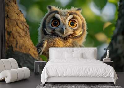 Wild bird owl with big eyes peeking behind the trunk of the forest tree background wallpaper AI generated image Wall mural