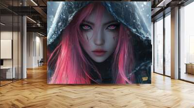 Woman asian assassin medieval warrior knight pink hair wearing a hood hero character background wallpaper AI generated image Wall mural