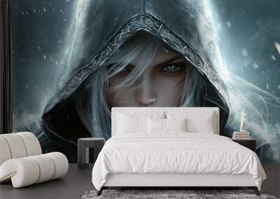 Woman asian assassin medieval warrior knight white hair wearing a hood character hero background wallpaper AI generated image Wall mural