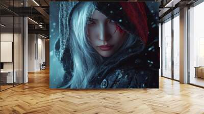 Woman asian assassin medieval warrior knight white hair wearing a hood character hero background wallpaper AI generated image Wall mural