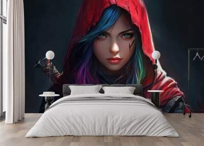 Woman assassin medieval warrior knight rainbow hair character wearing a hood background wallpaper AI generated image Wall mural