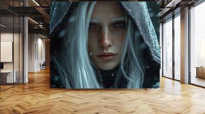 Woman assassin medieval white hair witch magic character mysterious wearing a black hood background wallpaper AI generated image Wall mural