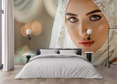 Woman Muslim bride model with white veil and beautiful makeup background wallpaper AI generated image Wall mural