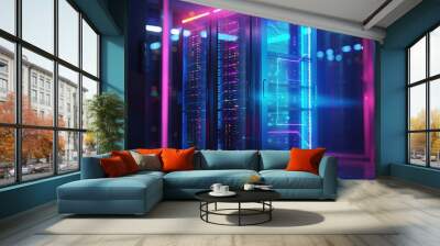 Server Rack with Neon Lights in a Data Center Wall mural