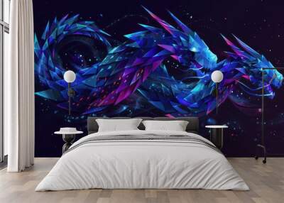 with colorful blue shiny decorative three headed dragon on the dark background AI generated Wall mural