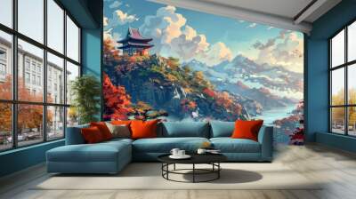 Beautiful anime-style illustration of a japanese landscape, digital art illustration Wall mural