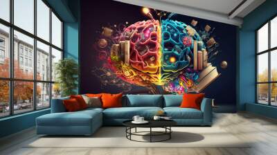 a colorful collage with books, cogs, a brain, lightbulb, intelligence, learning, education, Generative AI. Wall mural