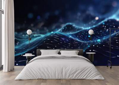 Abstract blue tech background with digital waves, dynamic network system, artificial neural connections, cyber quantum computing and electronic global, with Generative AI Techonology. Wall mural