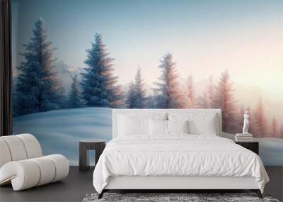 Snow-covered hill with icy trees, flat design illustration Wall mural