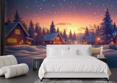 Snow-covered houses, tranquil winter evening, flat design illustration Wall mural