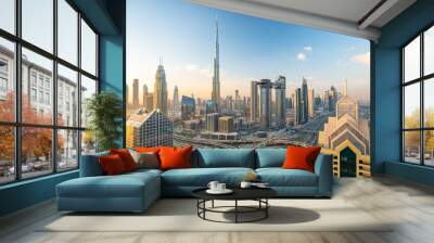 Sunrise view over Dubai Downtown skyline Wall mural