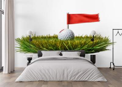 Golf ball on green grass and hole with red flag. Isolated on transparent PNG background, Generative ai Wall mural