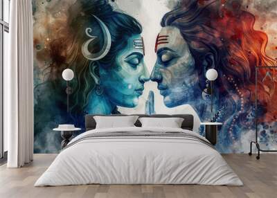 illustration of a lord mahadev opening his third eyes on a solid background. generative ai Wall mural