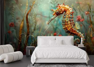 illustration of a seahorse in sea grass on a solid background. generative ai Wall mural