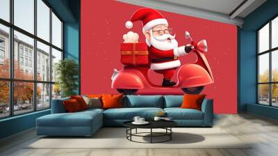 Merry Christmas With Cartoon Santa Claus, snowman, gifts box. Ai generated Wall mural