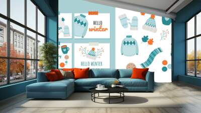 set of winter elements with hello winter postcard design vector Wall mural