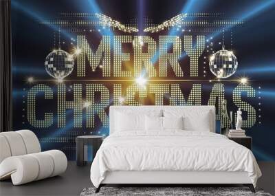 PIcture of merry christmas in dotted outline written between the blue sparkle background. Generative ai. Wall mural