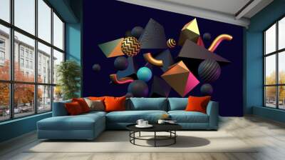 3D abstract black, gold and teal colored geometric shapes. Memphis inspired. Eps10 vector Wall mural