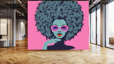 Afro American woman art portrait with pink sunglasses. Mid century modern retro style. Eps10 vector Wall mural