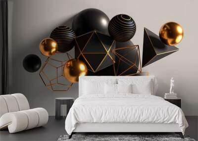 Cluster of abstract spheres and solids, gold, white and black, 3d render Wall mural