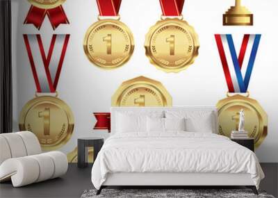 Collection of first place gold medal, trophy and badge Wall mural