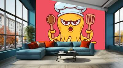 Cute yellow octopus chef with cooking ware wearing chef hat cartoon vector Wall mural