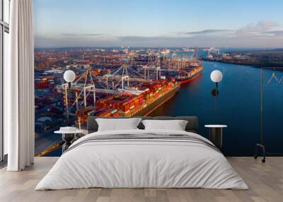 Aerial view of colorful containers on cargo ships at port of Southampton, one of UK Leading Port Terminal Operators and this container terminal is Britain's second largest deep sea termal. Wall mural