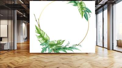 Eucalyptus, monstera, ivy elegant  watercolor wreath. Hand drawn delicate decorative wreath with golden circle. Evergreen garden plant botanical ornament. Lush leaf arrangement on white background Wall mural