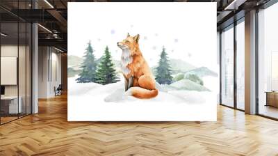 Fox animal in winter landscape. Watercolor illustration. Wild cute red fox in winter forest. Festive image print. Furry animal with red fur on white snow and fir trees. Side view forest animal Wall mural