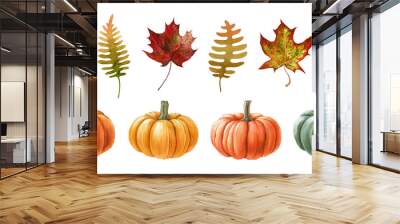 Pumpkin and autumn leaves watercolor set. Hand drawn illustration. Ripe orange, green, yellow pumpkins and fallen autumn leaf elements. White background Wall mural