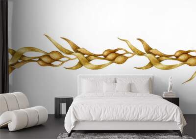 Seaweed seamless border. Watercolor illustration. Hand drawn kelp element. Underwater organic vegan plant seamless border. Fresh seaweed branch with leaves. Isolated on white background Wall mural