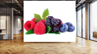 Mix berry raspberries blueberries blackberries with mint leaf isolated on white background Wall mural