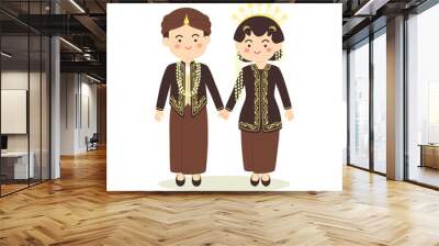 Central Java Indonesia Wedding Couple, cute Indonesian Black Javanese traditional clothes costume bride and groom cartoon vector illustration Wall mural