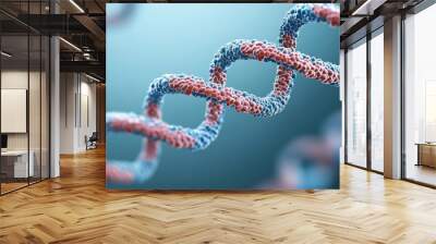 Detailed view of DNA strands twisting and forming, scientific illustration in a lab setting Wall mural