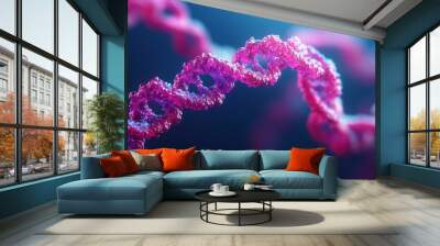 Detailed view of DNA strands twisting and forming, scientific illustration in a lab setting Wall mural