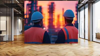 Engineers Discussing at Oil Refinery During Sunset Wall mural