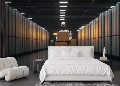 Robot Working in Warehouse Carrying Boxes Wall mural