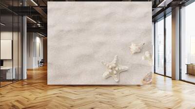 beach / sea themed banner or header with beautiful shells, corals and starfish on pure white sand - summer concept Wall mural