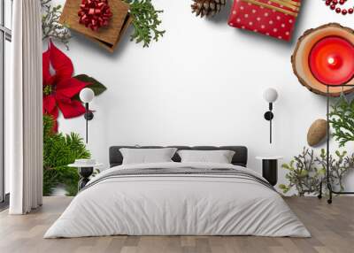 classic red and green Christmas / holiday frame with fir tree, mistletoe, ornaments, almonds, pine cones and poinsettia, isolated design element - use your own background! top view / flat lay  Wall mural