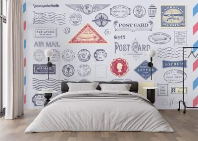 collection of mail themed design elements -grungy textured postage and rubber stamps, postcard heade Wall mural