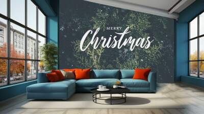 merry christmas text / greetings over a matte background of evergreen juniper branches and snow flak Wall mural