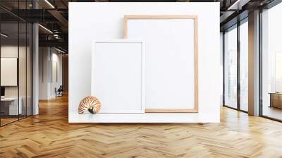 minimal marine / ocean or summer themed mockup with two photo frames and a decorative nautilus shell on a white table, clipping path included, sizes: 30 x 40 cm, 21 x 30 cm Wall mural